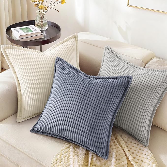 decorUhome Spring Corduroy Blue Grey Euro Sham Throw Pillow Covers 24x24 Set of 2 Decorative Soft Boho Farmhouse Couch Pillow Covers for Living Room Bed Sofa Broadside Striped Pillow Cases