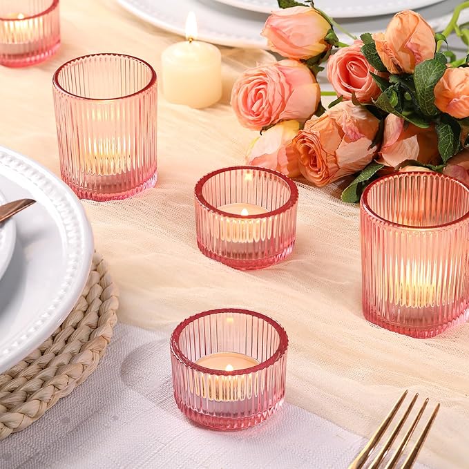 20pcs Assorted Ribbed Pink Votive Candle Holders, Baby Shower Decorations for Girl, Tea Light Candle Holder for Wedding Table Decor, Mother' s Day, Bridal Shower and Party Decorations