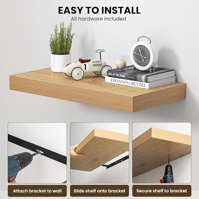 Dreamland 40" Floating Shelves for Wall, 12" Deep Thicker Oak Floating Shelves, Wall-Mounted Shelves for Bedroom, Living Room, Kitchen, Bathroom - Set of 2