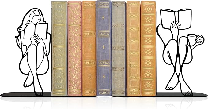 Reading Bookends Decorative for Shelves - Girl Reading Statue Bookends, Metal Black Book Ends Decor for Heavy Books, Novelty Bookish Decor for Home Library, Book Lovers Gift for Women & Students
