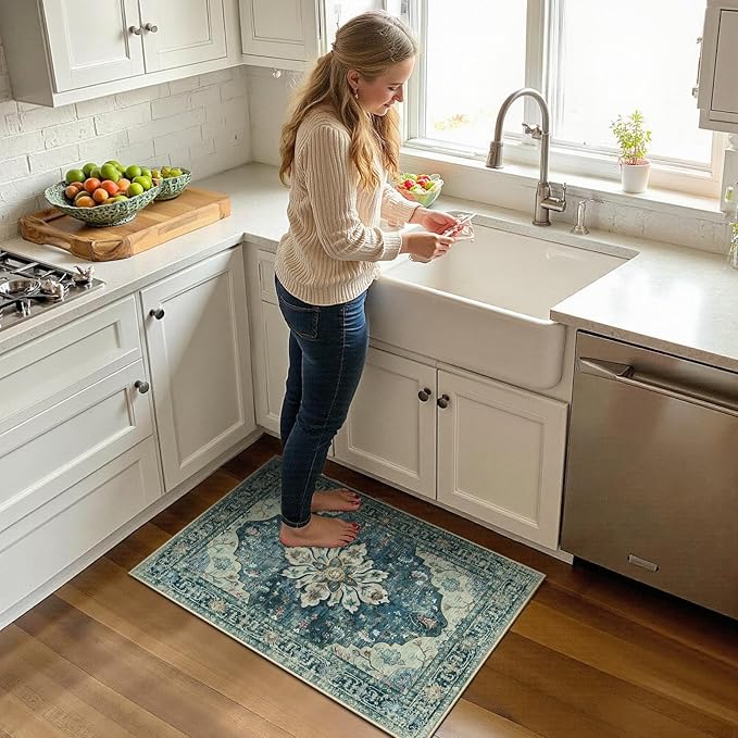 RELEANY Area Rugs 2'x3' Washable Non-Slip, Floral Vintage Distress Print Pattern Medallion Carpet for Living Room Bedroom Dining Room, Dark Blue Vintage