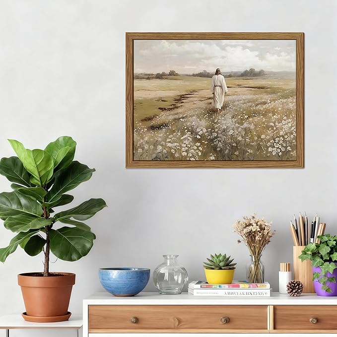 Framed Jesus Wall Art, Vintage Christian Canvas Wall Decor Pictures, Jesus Walking in Field Posters Prints, Rustic Religious Home Decor for Living Room Bedroom Church Prayer Room 12x16 Inch