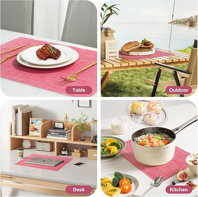 Placemats Set of 12，Christmas Decoration Non-Slip PVC Weave Table Mats Easy to Clean，Heat Resistant Place Mats for Kitchen Dining Table Decoration Indoor Outdoor，Red