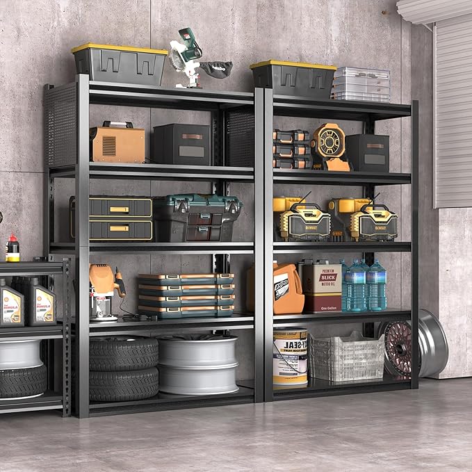 Metal Garage Shelving Unit with Pegboard, Heavy Duty 5-Tier Adjustable Industrial Storage Shelves, 3000 LBS Steel Storage Rack for Garage, Warehouse, Basement, 72"H x 47.2"W x 23.6"D, Black