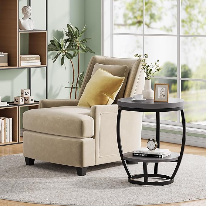 Round End Table, 2 Tier Industrial Side Table, Nightstand with Metal Frame, Accent Bedside Table with Storage Shelves for Living Room, Bedroom, Small Spaces, Gray Brown & Black