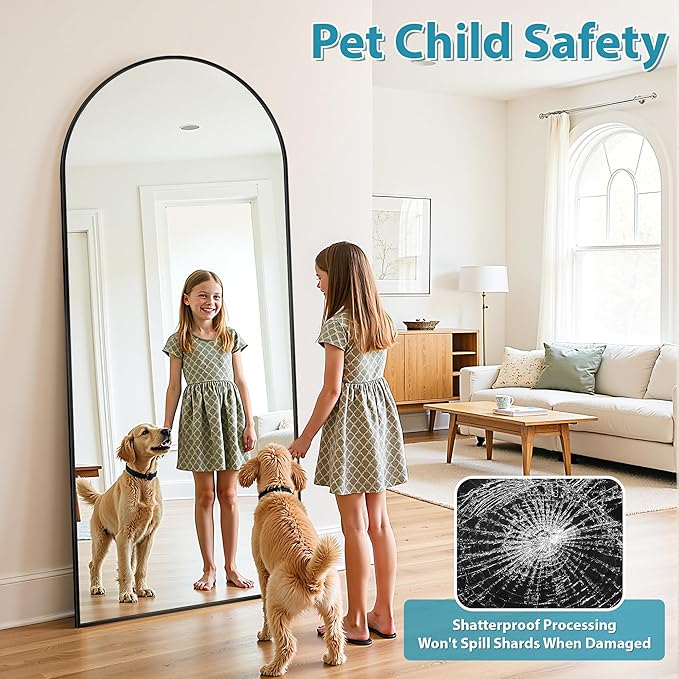 Full Length Mirror, 59"x18" Oversized Floor Mirror Freestanding, Full Body Mirror Floor Standing Mirrors with Stand, Hanging Mounted Mirrors for Bedroom Living Room, Black, Arched Style