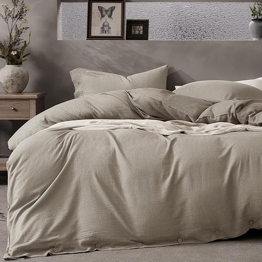 JELLYMONI Cotton Duvet Cover Full Size - Taupe Comforter Cover with Button 100% Washed Cotton 3PCS Breathable Soft Solid Bedding Set Duvet Cover 80×90in & 2 Pillowcases (NO Comforter)