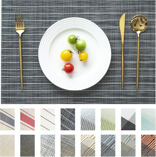 Placemats Set of 8 Vinyl/Plastic Woven Place Mats for Kitchen Table Indoor/Outdoor Washable Placemat Wipeable Dining Table Mats (Black Stripes,8)
