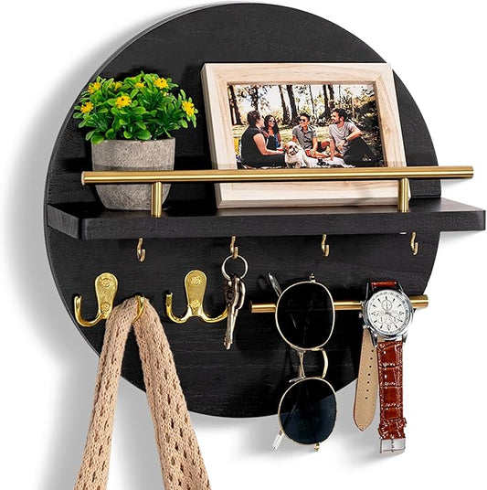 Key Holder for Wall Decorative with Shelf and Hooks, Mail Organizer Wall Mount with Sunglasses Holder, Circular Design Entryway Key Rack Hanger, Rustic Home Decor