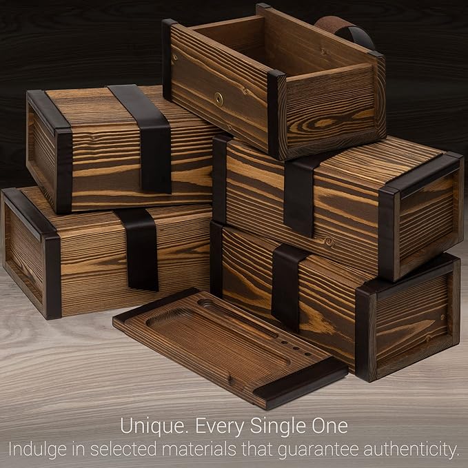 Large Kit - Wooden Storage Box with Decorative Tray & Pack of 3 UV Blocking and Airtight Glass Jars for Herbs/Accessories - Unique Portable Men Gift Set