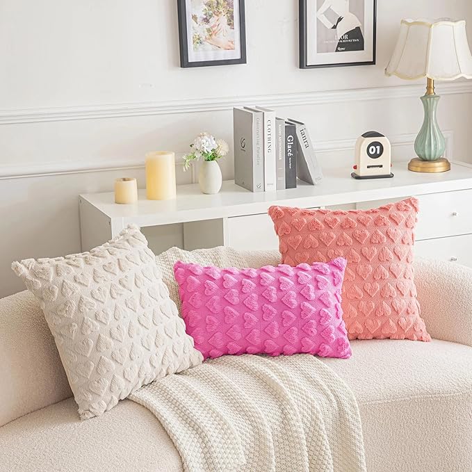 AQOTHES Set of 2 Heart Love Cute Hot Pink Decorative Valentines Throw Pillow Covers 24x24, Soft Plush Faux Fur Pillow Covers for Couch Sofa Home Valentines Day Decoration
