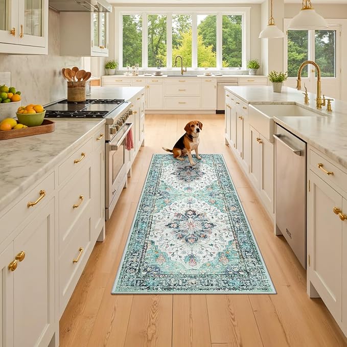 RELEANY Area Rugs 2'x6' Washable Non-Slip, Floral Vintage Distress Print Pattern Medallion Carpet for Living Room Bedroom Dining Room, Green Navy Blue White Red Teal Colorful
