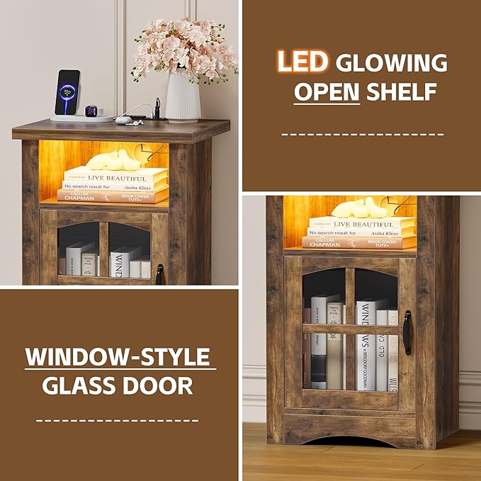 JUMMICO End Table with Charging Station and LED Open Shelf & Glass Door Cabinet, Farmhouse Nightstand with 20W Fast Charge, Side Table for Living Room (1,Brown)