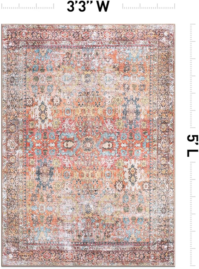 Rugshop Multi Transitional Distressed Area Rug — Machine Washable & Non‑Slip, 3'3"x5 for Living Room, Bedroom and Home Office