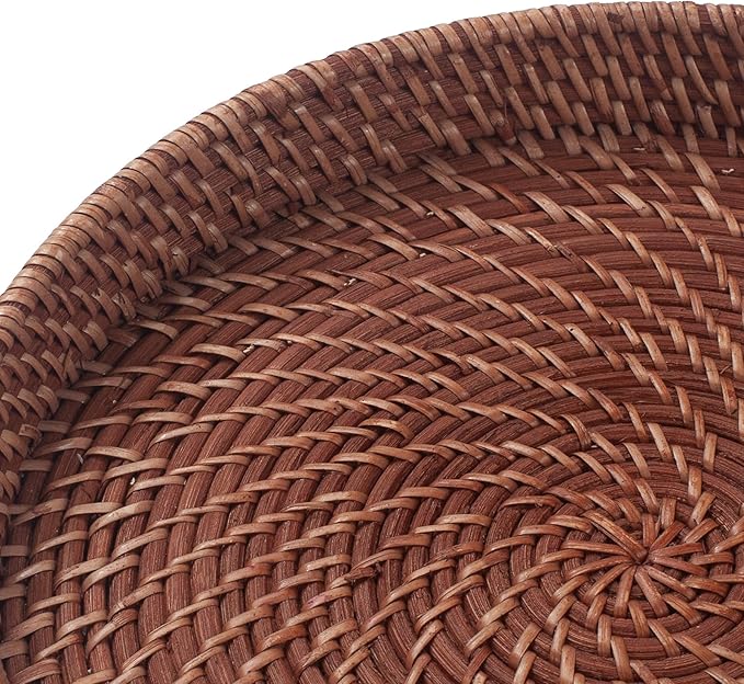 13.8 inch Rattan Tray, Round Wicker Tray with Cut-Out Handles, Woven Serving Tray for Dining/Coffee Table