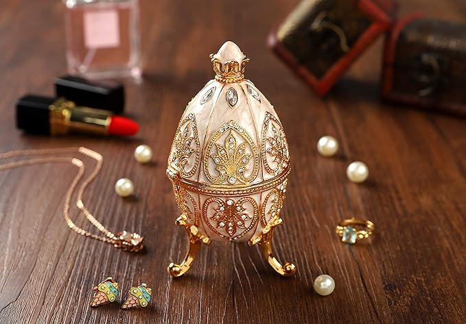 Trinket Box with Hinged White Easter Egg Enameled Jewelry Box Classic Ornaments Metal Craft Gift for Home Decor