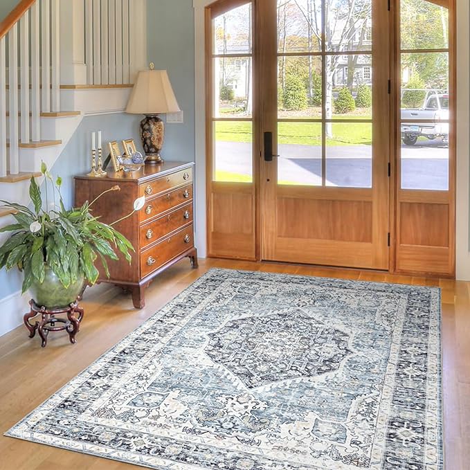 Domitapis Runner Rug 2×6, Vintage Boho Rug,Ultra-Soft Low Pile, Washable, Non Slip,Stain Resistant Printed Carpet for Hallway Kitchen Living Room Bedrooms Playroom Office, Light Blue