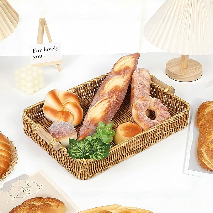 GIB PP Wicker Woven Trays with Handles, Rectangle Rattan Tray Bread Basket for Serving Food, Vegetables, Breakfast, Coffee Table Decor, Set of 2
