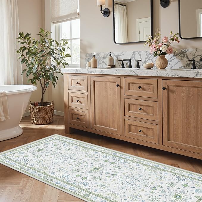GENIMO 2'6''x6 Runner Rug,Machine Washable Non-Slip Vintage Rugs,Low Pile Lightweight Carpet for Bedroom,Hallway,Entryway,Kitchen,Bathroom,Creamgreen