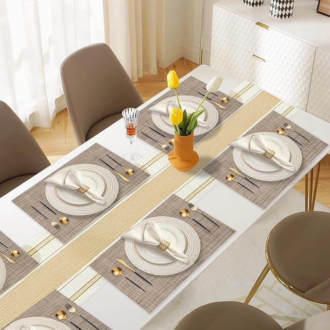 SK Studio 19Pcs Boho Table Runner Placemat and Napkin Ring Set Rectangle and Round Meal Mats Macrame Table Runner with Tassels for Wedding Kitchen Dining, Beige
