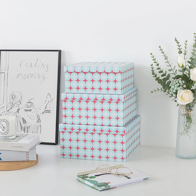 Soul & Lane Set of 3 Decorative Boxes with Lids, Square 11" x 11" Nesting Cardboard Storage for Home Décor in Green and Coral, Keepsake and Memory Boxes for Organizing, Retro Mint