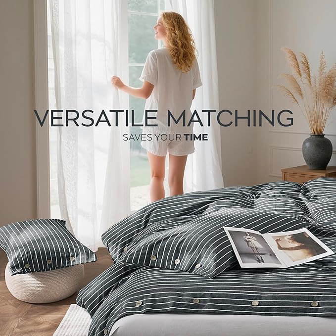 JELLYMONI Cotton Duvet Cover Cal King Size - Gray Pinstriped Comforter Cover with Button 100% Washed Cotton 3PCS Breathable Soft Bedding Set Duvet Cover 104×98in & 2 Pillowcases (NO Comforter)