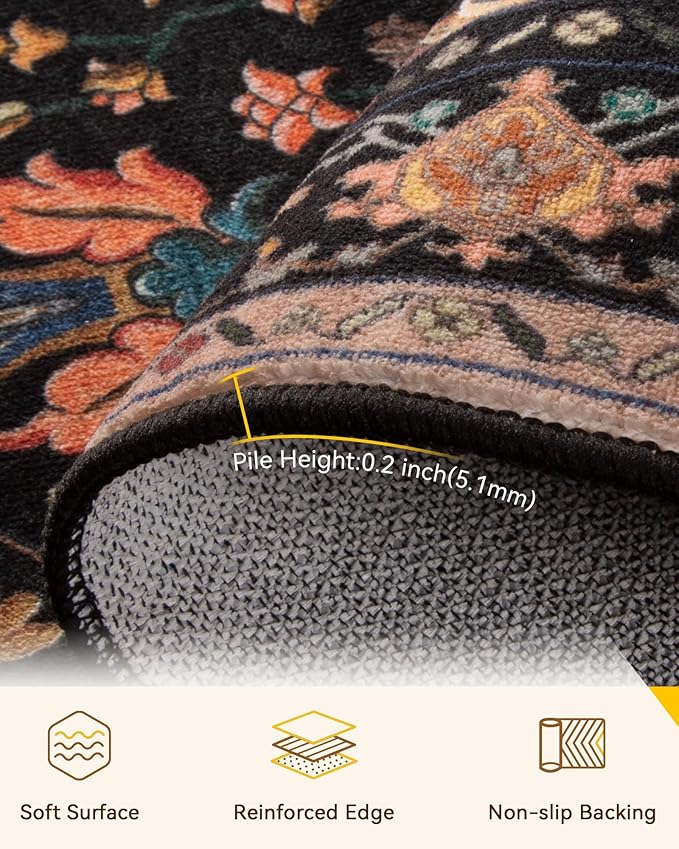 RELEANY Area Rugs 2'6''x8' Washable Non-Slip, Floral Vintage Distress Print Pattern Medallion Carpet for Living Room Bedroom Dining Room, Black Colorful Floral Dark Tan