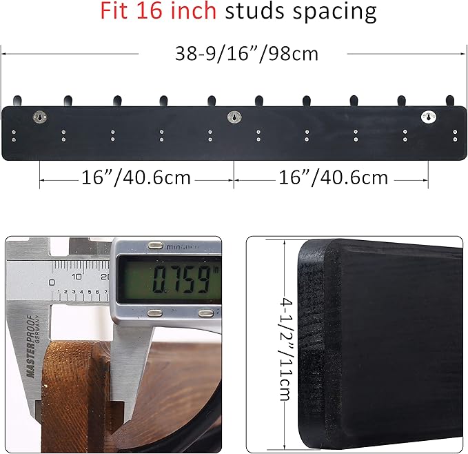 WEBI Coat Rack Wall Mount,38 9/16" Long,10 Tri Hooks for Hanging Coats,16" Hole to Hole,Coat Hooks Wall Mounted Coat Hanger,Farmhouse Wood Hook Rack for Clothes,Jacket,Hats,Rustic Black