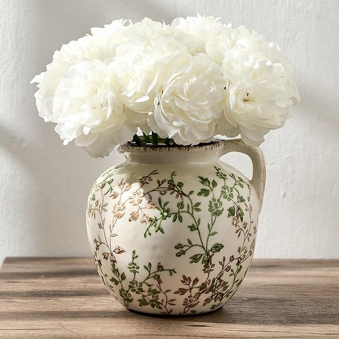 Green and Beige Antique Vase, 5.39 Inch Vintage Chinoiserie Floral Vase, Rustic Ceramic Vase for Home Decor, Living Room, Bookshelf, Office, Entryway, Garden, Chinoiserie Decor, Tuscan Decor