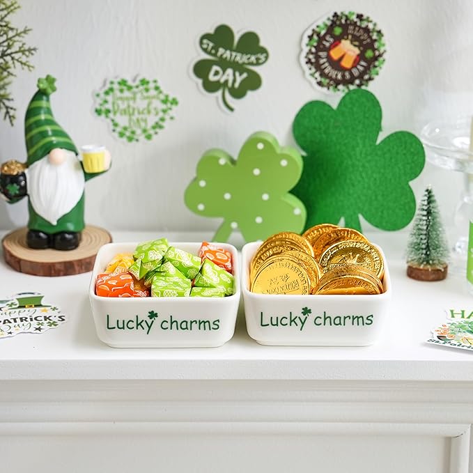 St Patrick's Day Candy Dish Set of 2, Ceramic Irish Shamrock Bowl with Clover, White Decorative Trinket Trays for Jewelry, Keys, Coins, Festive Party & Home Decor