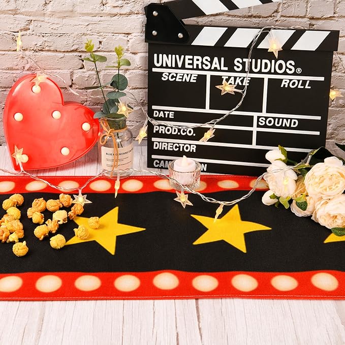 13 x 72 Inch Movie Night Table Runner with Gold Star Design - Movie Night Black Carpet Decoration for Birthday Party Supplies （Black）