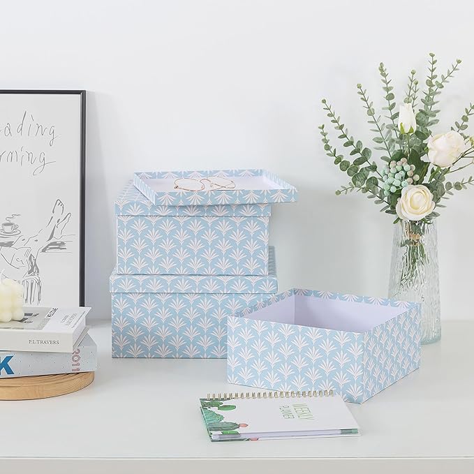 Soul & Lane Set of 3 Decorative Boxes with Lids, Square 11" x 11" Nesting Cardboard Storage for Home Décor in Blue, Keepsake and Memory Boxes for Organizing, Deco Sky