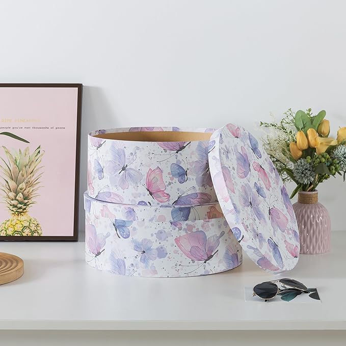 Soul & Lane Large Oblong Cardboard Decorative Storage Boxes with Lids, Set of 2 Cardboard Boxes for Flowers and Gifts, Oval Nesting Memory Containers for Keepsakes and Organizing, Butterfly Garden