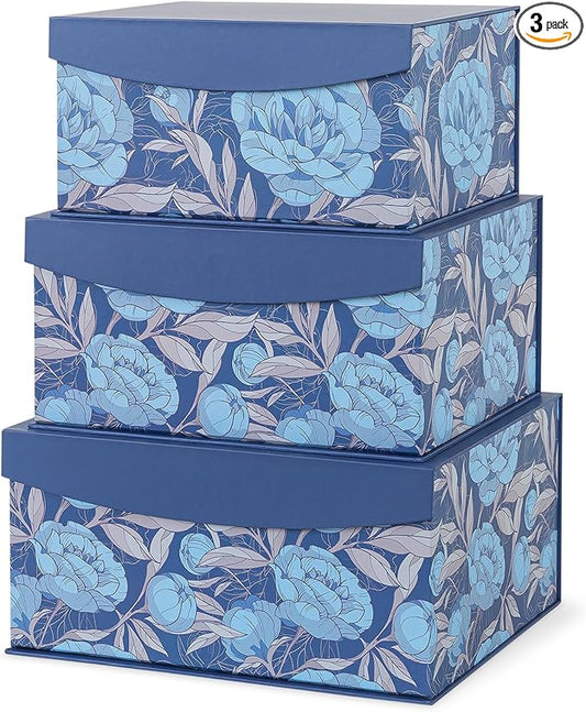 Soul & Lane Decorative Storage Boxes with Magnetic Closure, Set of 3 Memory Keepsake Boxes with Lids, Cardboard Storage for Gifts, Organizing, and Home Décor, Manor Blue