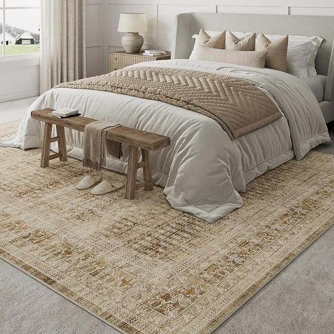 PureCozy Brown 8x10 Area Rug for Living Room Washable Vintage Distressed Large Carpet Bedroom Low Pile Non Slip Indoor Soft Retro Throw Accent Rug Office Kitchen Bathroom Dining Room