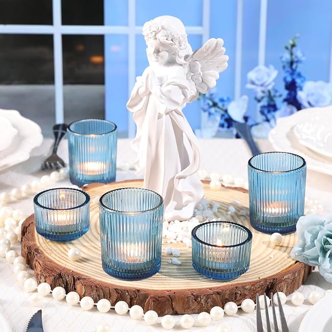 20pcs Ribbed Blue Votive Candle Holders, Assorted Tea Lights Candle Holder, Blue Glass Candle Holders for Table Centerpiece, Wedding Table Settings and Party Decorations