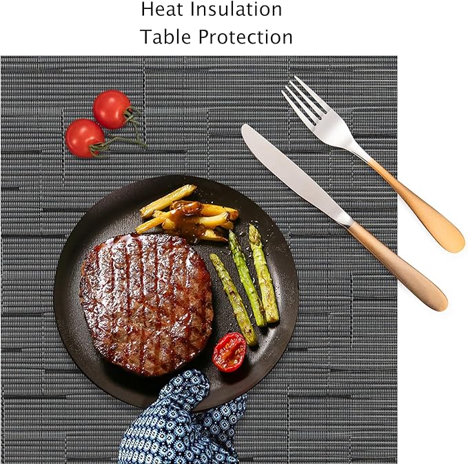 Myir JUN Placemats Set of 6, Vinyl Woven Placemats Place Mats Indoor Washable Table Mats Non-Slip Place mats for Dining Table (Black-Gray, Set of 6)