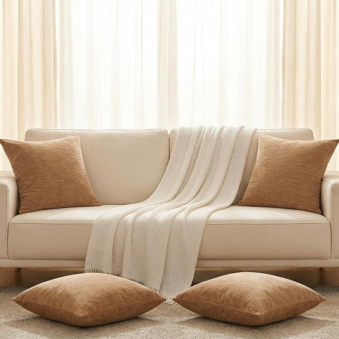 Set of 4 Brown Throw Pillow Covers 20x20 Inch, Neutral Boho Farmhouse Aesthetic Decorative Pillow Cases for Couch, Sofa, Living Room & Bed, Soft Chenille Pillow Cases, Stylish Home Decor, 50x50 cm