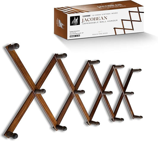 Expandable Wooden Coat Rack Hanger - Large Accordion Hanger with Expanding Pegs | Hand Made Rustic Wooden Hat Rack for Wall | Hang Coat, Jacket, Hat | Wall Rack – 14 Hook, Jacobean