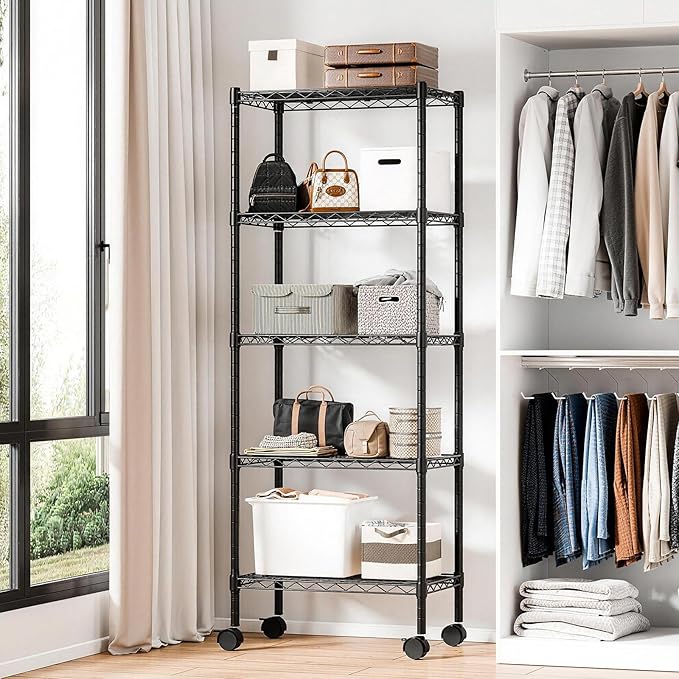 DUMOS 5 Tier Metal Shelving, Heavy Duty Shelves Wire Shelving Unit with Removable Wheel Casters, Shelves Organizer for Bathroom Garage Living Room Kitchen Pantry Laundry
