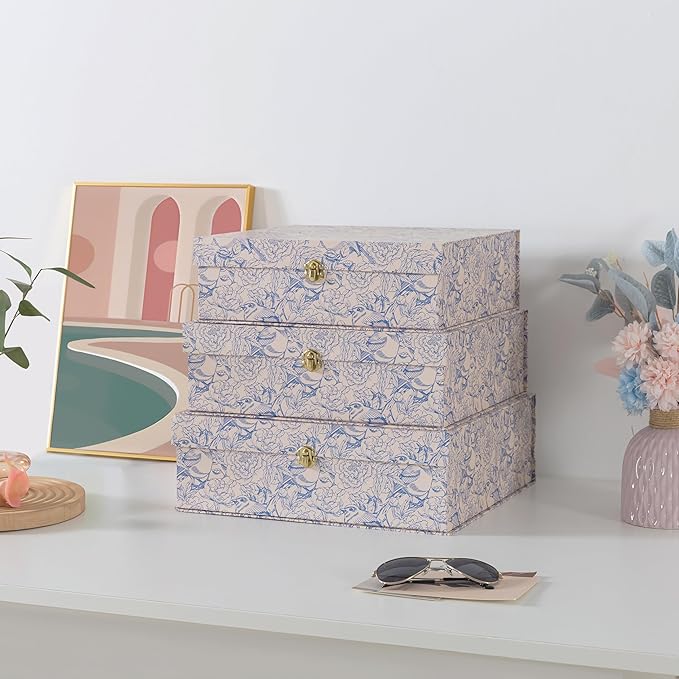 Soul & Lane Blue and White Floral Cardboard Decorative Storage Boxes with Gold Hardware - Set of 3, Aviary Garden - Stacking Boxes with Lids for Home Decor and Organizing, Elegant Design
