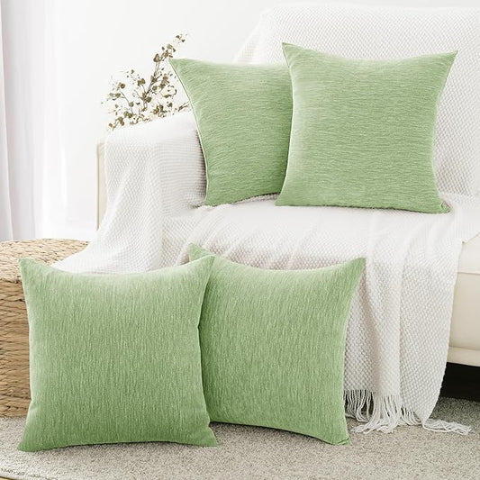 Set of 4 Sage Green Throw Pillow Covers 20x20 Inch, Neutral Boho Farmhouse Aesthetic Decorative Pillow Cases for Couch, Sofa, Living Room & Bed, Chenille Pillow Cases, Stylish Home Decor, 50x50 cm