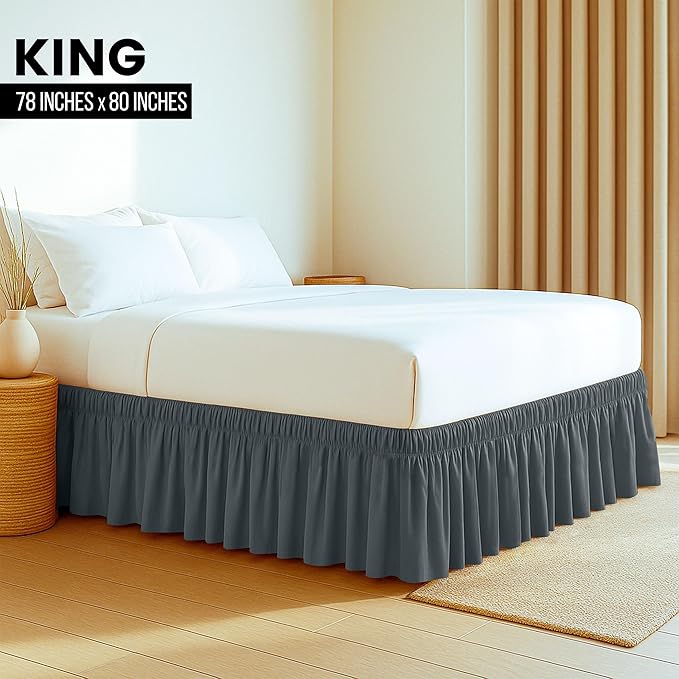 Utopia Bedding King Elastic Bed Ruffle - Easy Wrap Around Ruffle - Microfiber Bed Skirt with Adjustable Elastic Belt 16 Inch Tailored Drop - Hotel Quality Bedskirt, Fade Resistant (King, Grey)