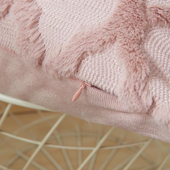 EMMTEEY Boho 12X20 Throw Pillow Covers Set of 2 - Single-Side Fluffy Stripe Stitching Embroidery, Wrinkle Resistant Pillow Case for Couch/Living Room/Bedroom Décor, Pink