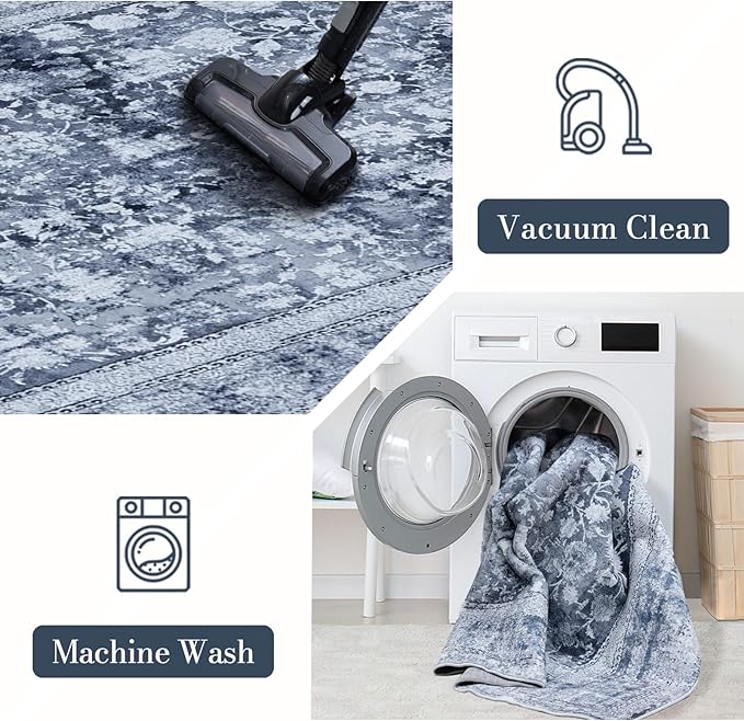 Domitapis Area Rug 5×7, Vintage Boho Rug,Ultra-Soft Low Pile, Washable, Non Slip,Stain Resistant Printed Carpet for Living Room Bedrooms Playroom Office Kitchen, Stone/Blue