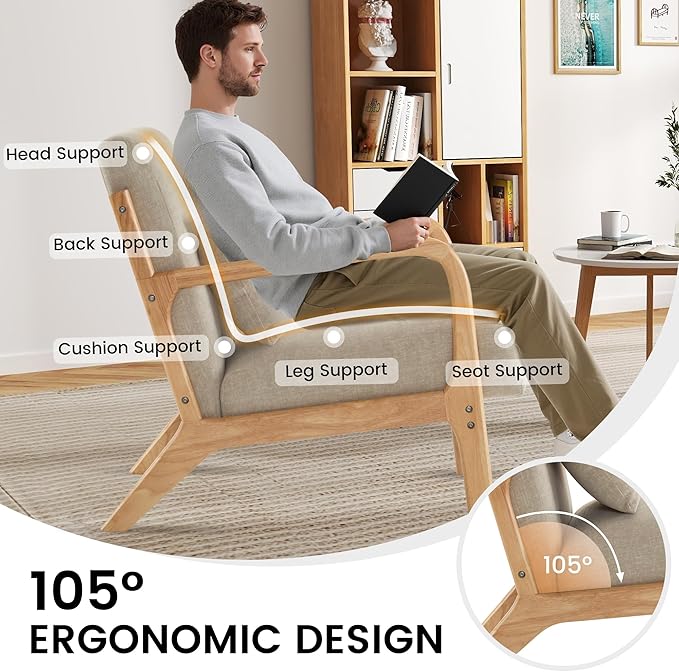 Aunekiv Accent Chair with Pillow Upholstered Mid-Century Chair Living Room Chair for Small Space Solid Wood Frame Reading Chair with Soft and Thick Cushion Armchair for Bedroom Balcony Grey 1PC