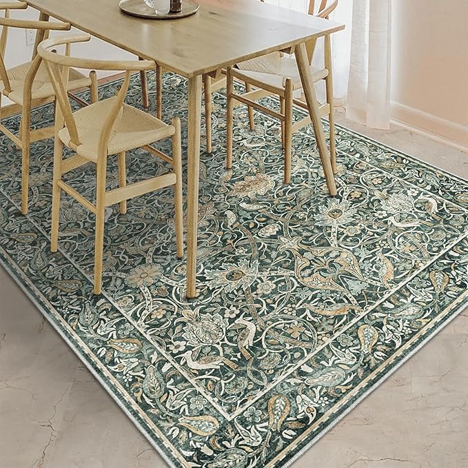 Fortsea 5x7 Indoor Area Rug in Dark Green, Machine Washable Thin Rug Non-Skid Backing, Vintage Style Living Room Bedroom Office Carpet（5x7 Dark Green）