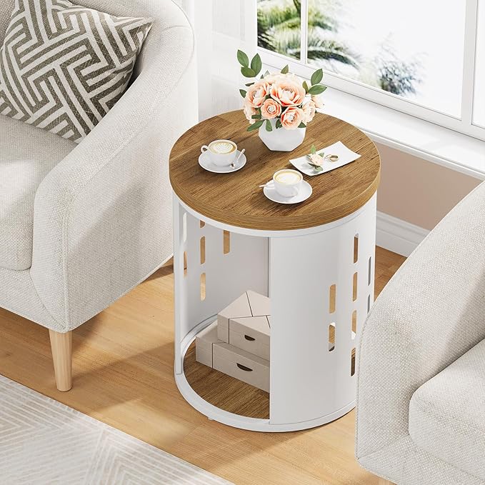Rustic Round End Table, 2-Tier Side Table with Storage Shelf, Small Nightstand for Living Room and Small Spaces, White Metal Frame (Light Brown, Set of 1)