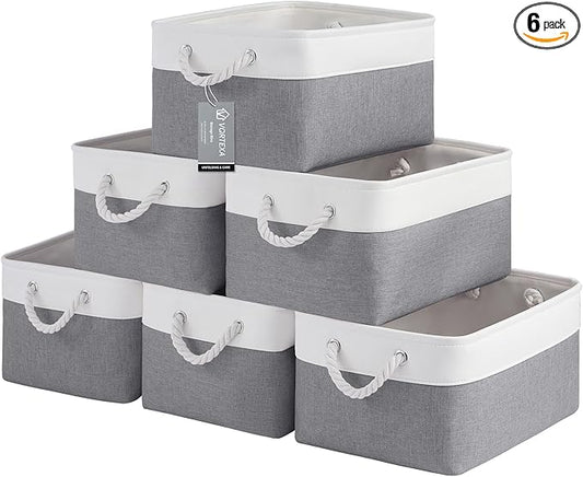 Large Storage Baskets- 15.7x11.8x8.26 inch Storage Bins for Shelves and Closet Organizing, Foldable Fabric Bin for Home Organization Clothes and Laundry (6-Pack, White&Gray)