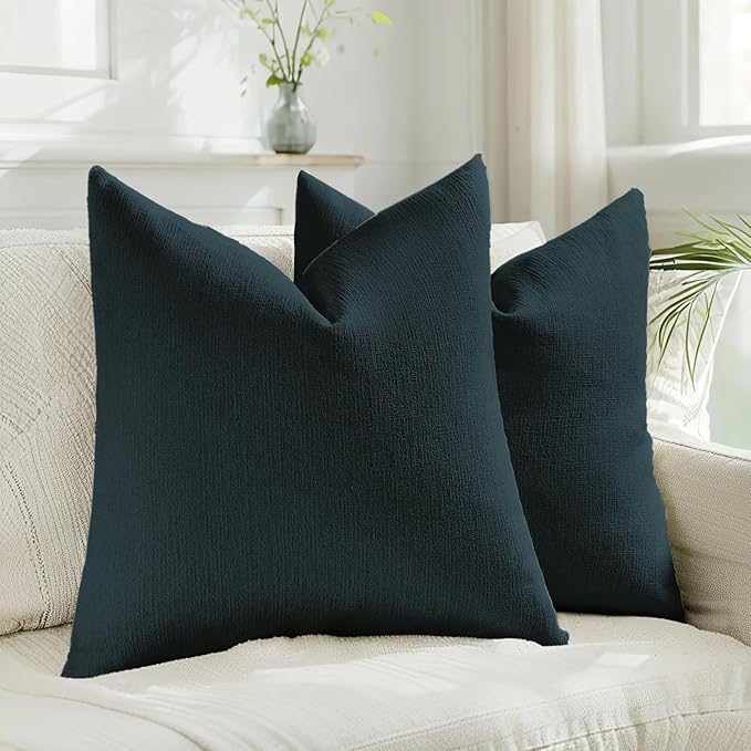 HAUSSY Navy Blue Throw Pillow Covers 20x20 Inch Set of 2,Boho Decorative Faux Linen Throw Pillows Cozy Farmhouse Accent Cushion Covers,Home Decor for Couch Sofa Bed Living Room